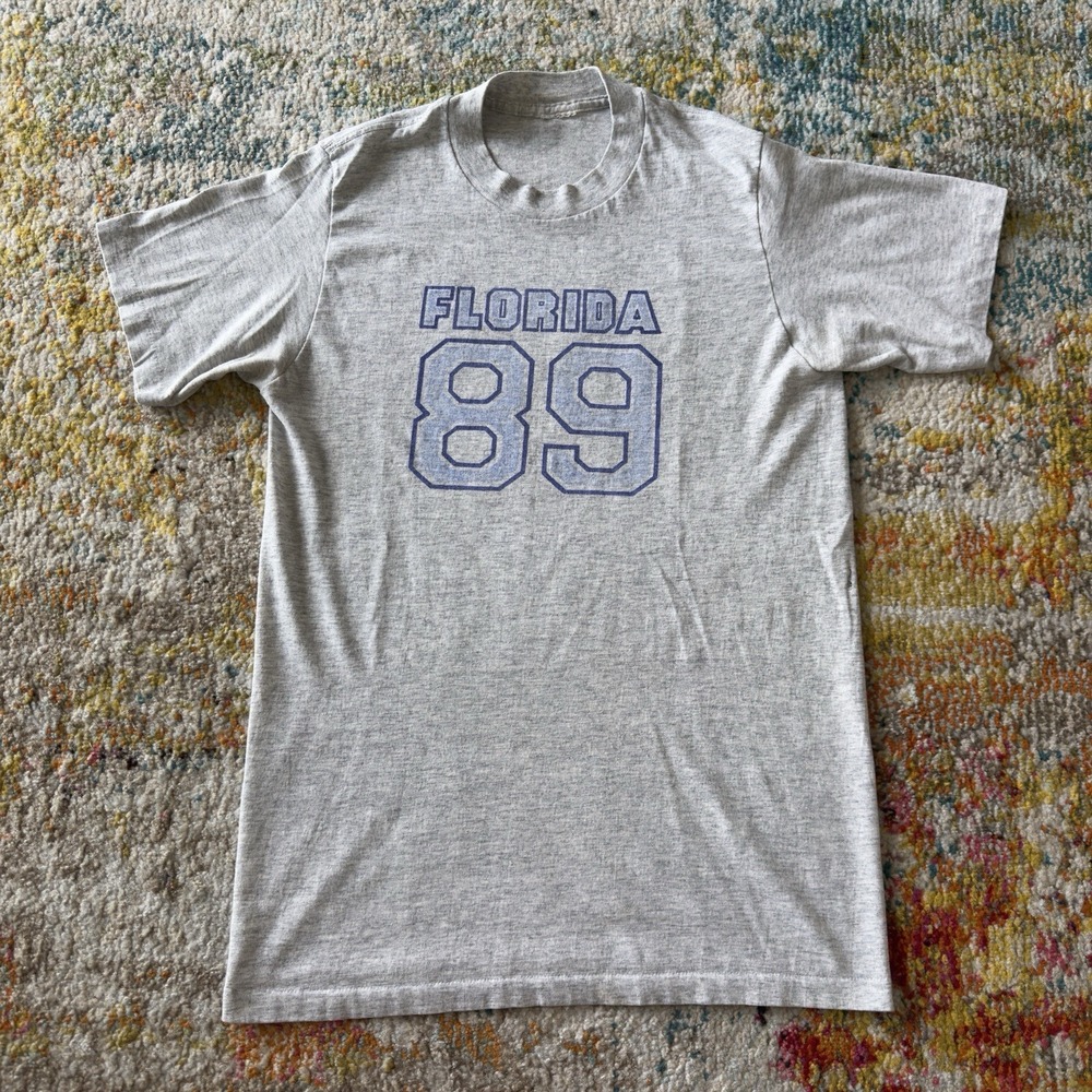 Vintage 80s Florida 89 Graphic T-Shirt Grey Single Stitch Tee  Size S